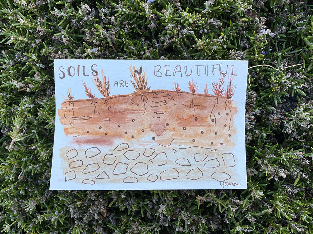 A postcard by Yamina Pressler painted using soil colors