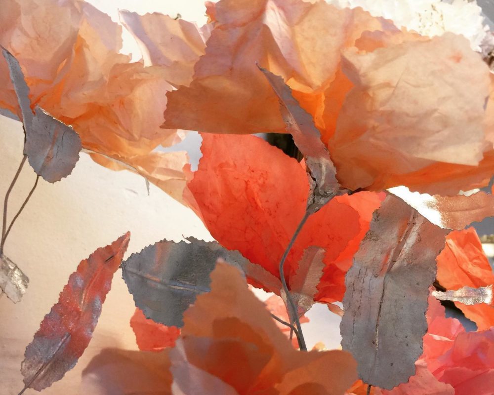 Peach colored paper flowers by Violise Lunn