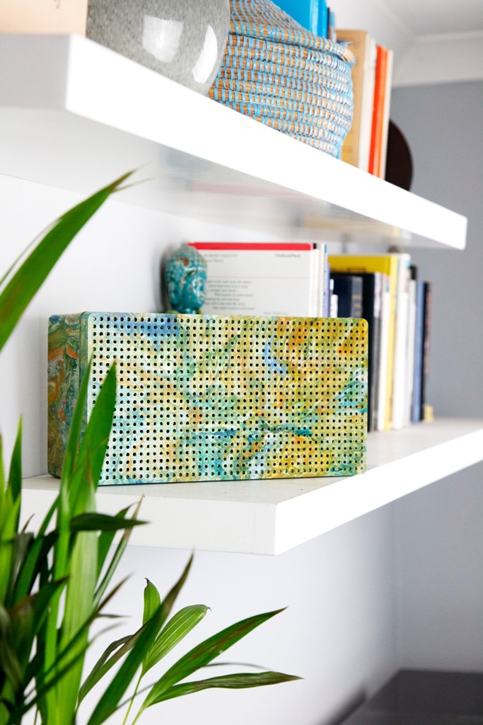 Gomi plastic waste bluetooth speaker on a shelf