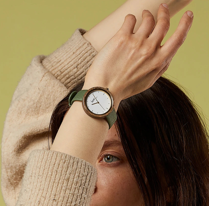 A girl wearing charcoal color hemp watch