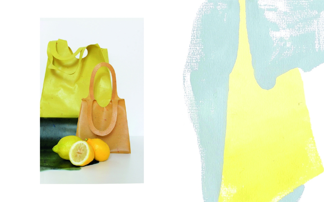 Sonnet155 is a temporary handbag made from discarded fruit peels