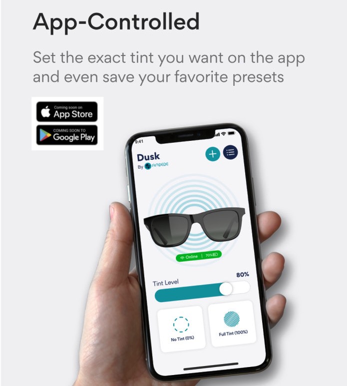 App controlled Dusk sunglasses tint
