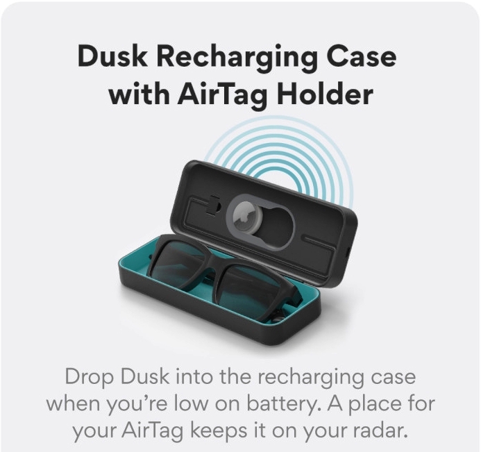 Dusk sunglasses recharging case with AirTag holder