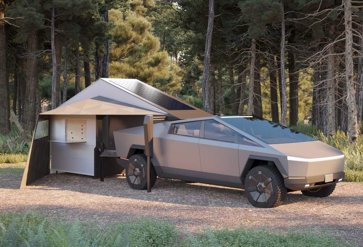 Form camper with Tesla Cybertruck in a forest
