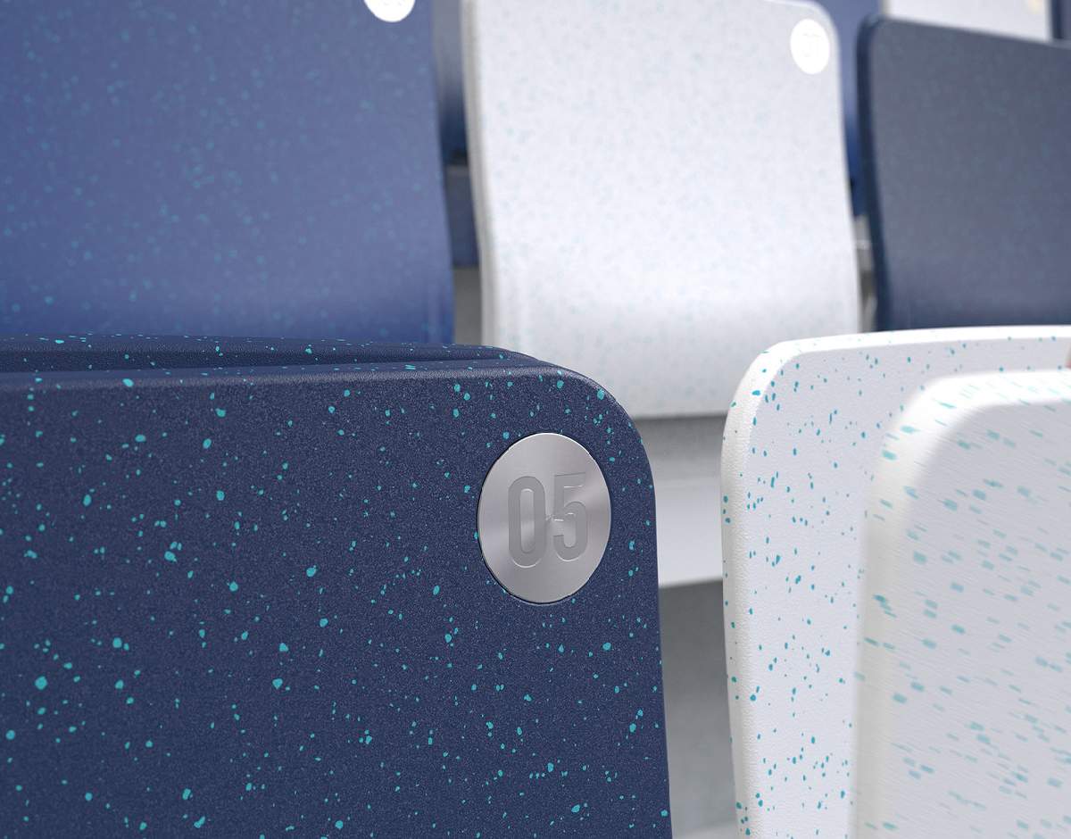 Stadium seats made from recycled ocean plastic