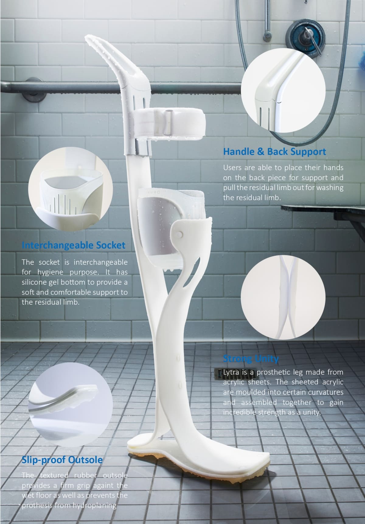 Features of Lytra prosthetic shower leg